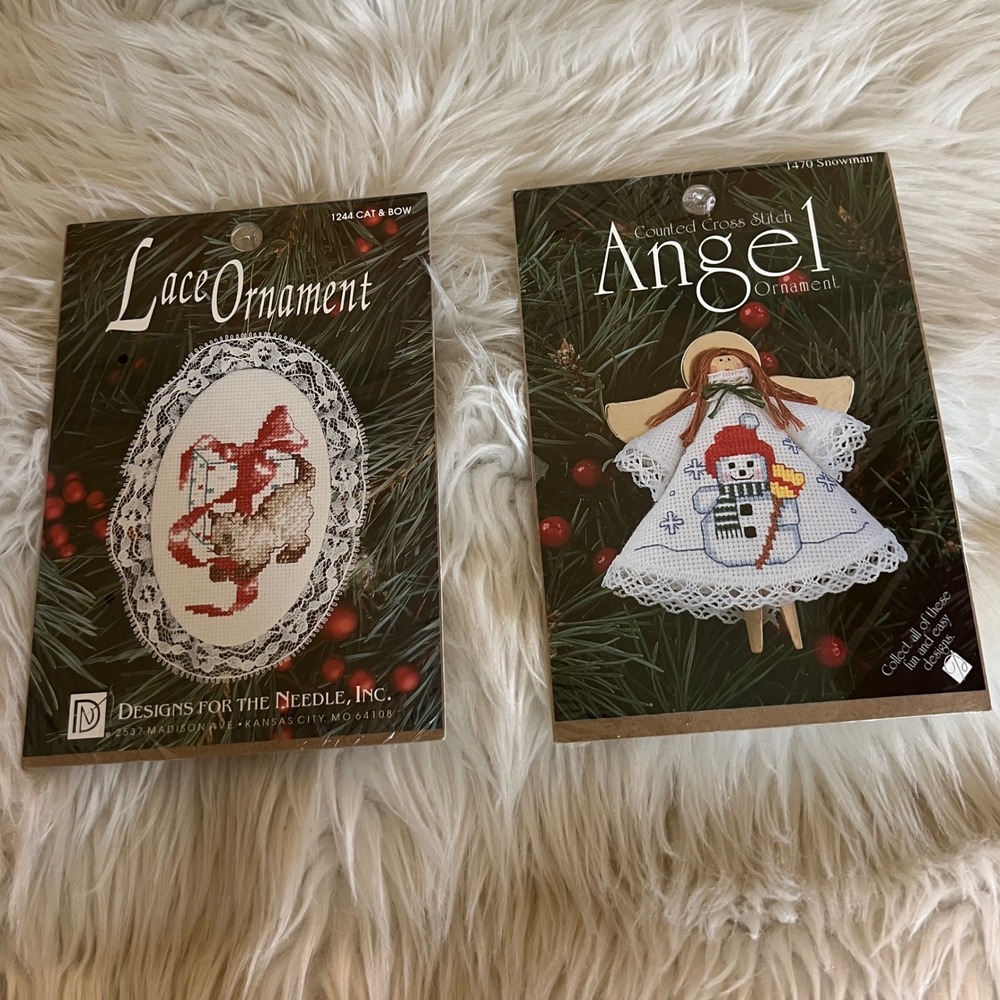 Designs for the Needle Cross Stitch Ornament Kits Cat & Bow Snowman Angel 2pk